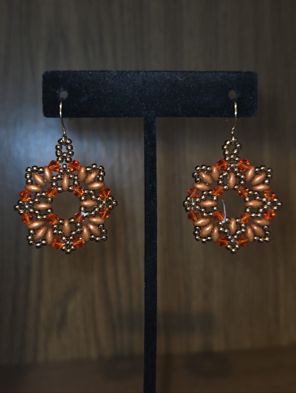 Handmade Orange and Bronze Beaded Hoop Earrings